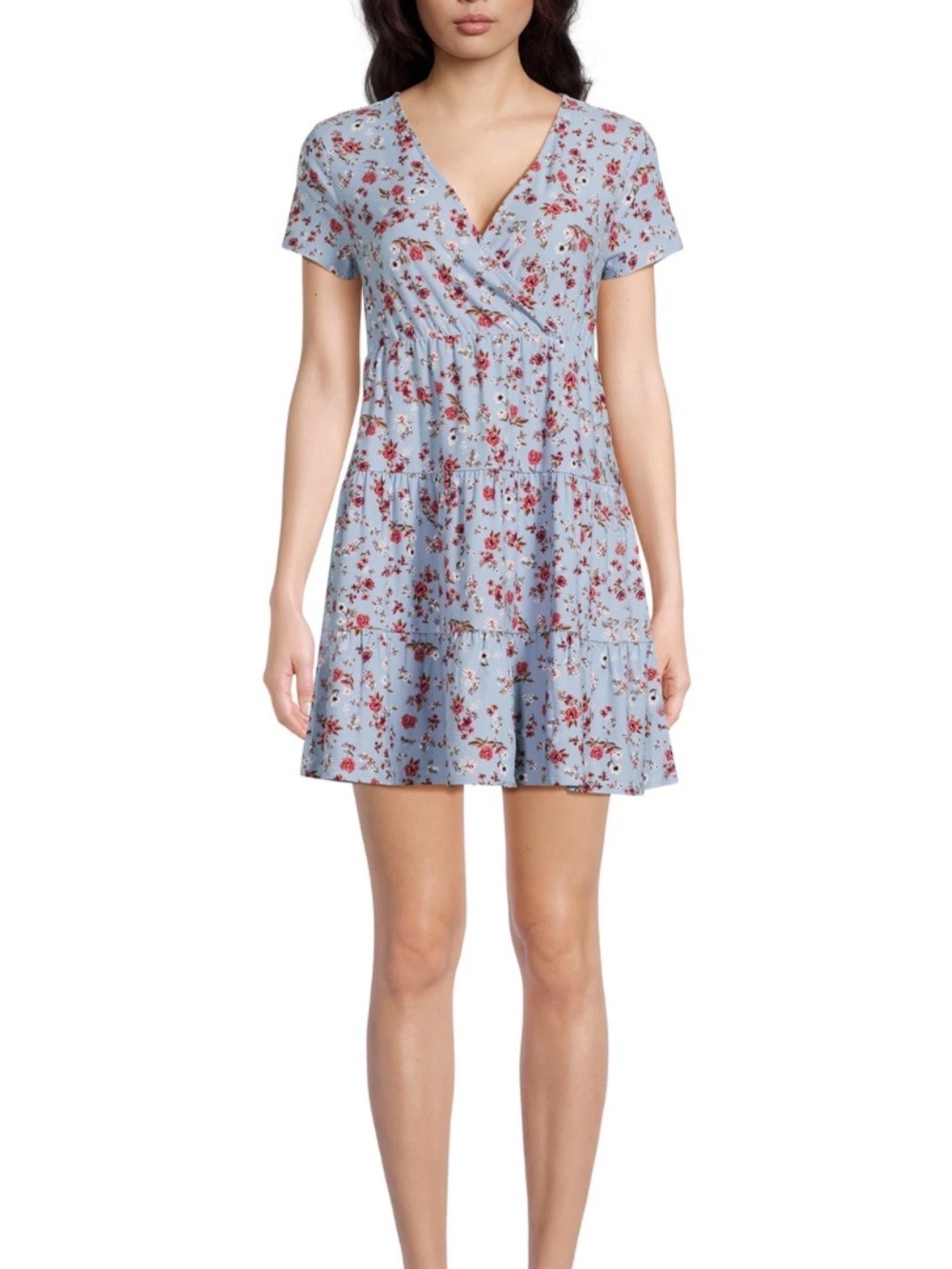 Light Blue Floral Wrap V-Neck Tiered Mini Dress